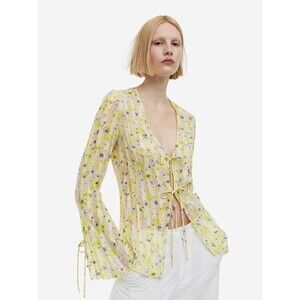 H&M Women's Top Large Yellow Floral Sheer Boho Chic Fairy Romantic Ethereal